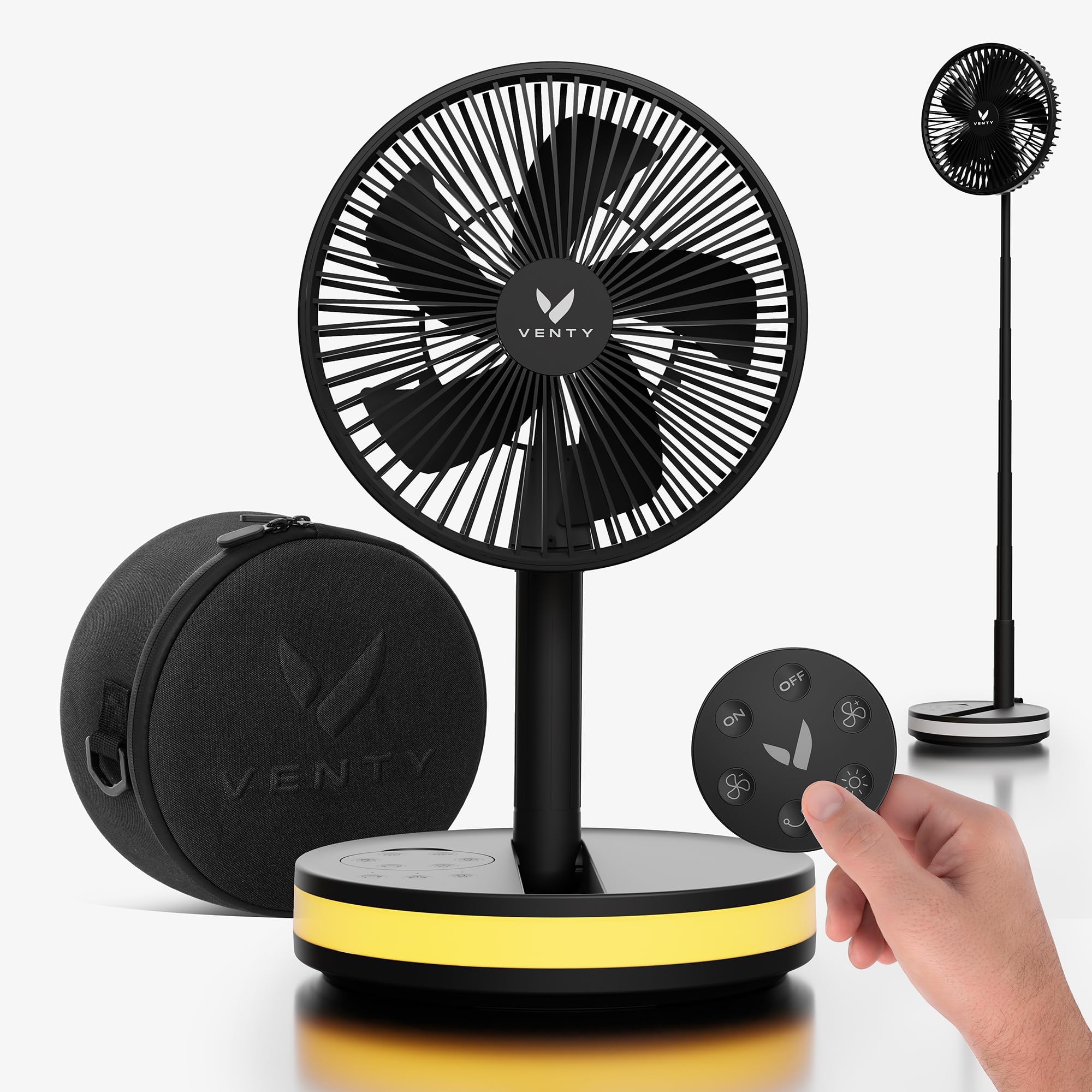 VENTY Portable Fan - Wireless Battery Operated Fan - 4 Speeds - LED Lighting - Carry Case & Remote Control - Cruise Travel - Outdoor Travel RV Power Bank With USB-C Port (Black with Case)