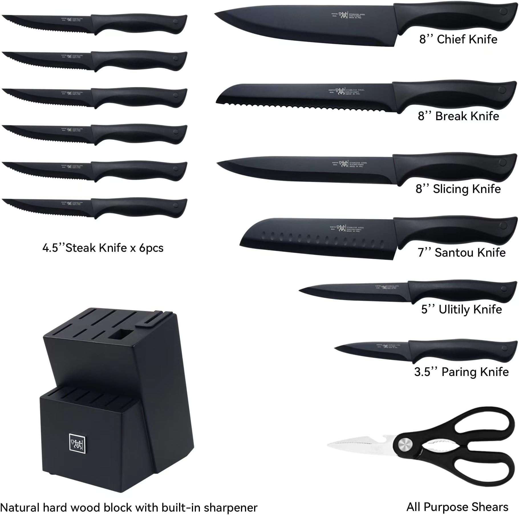 Knife Set, HUNTER.DUAL 15 Pcs Kitchen Knife Set with Block Self Sharpening, Dishwasher Safe, Anti-slip Handle, Black