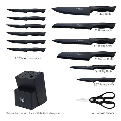 Knife Set, HUNTER.DUAL 15 Pcs Kitchen Knife Set with Block Self Sharpening, Dishwasher Safe, Anti-slip Handle, Black