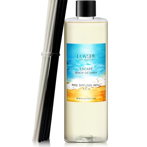 LOVSPA Reed Diffuser Oil Refill/Escape Beach Getaway, Large 8oz + 2 Sets of Replacement Sticks, Aroma Therapy Essential Oils, Home Fragrance, Scented Oils for Reed Diffusers, Made in The USA