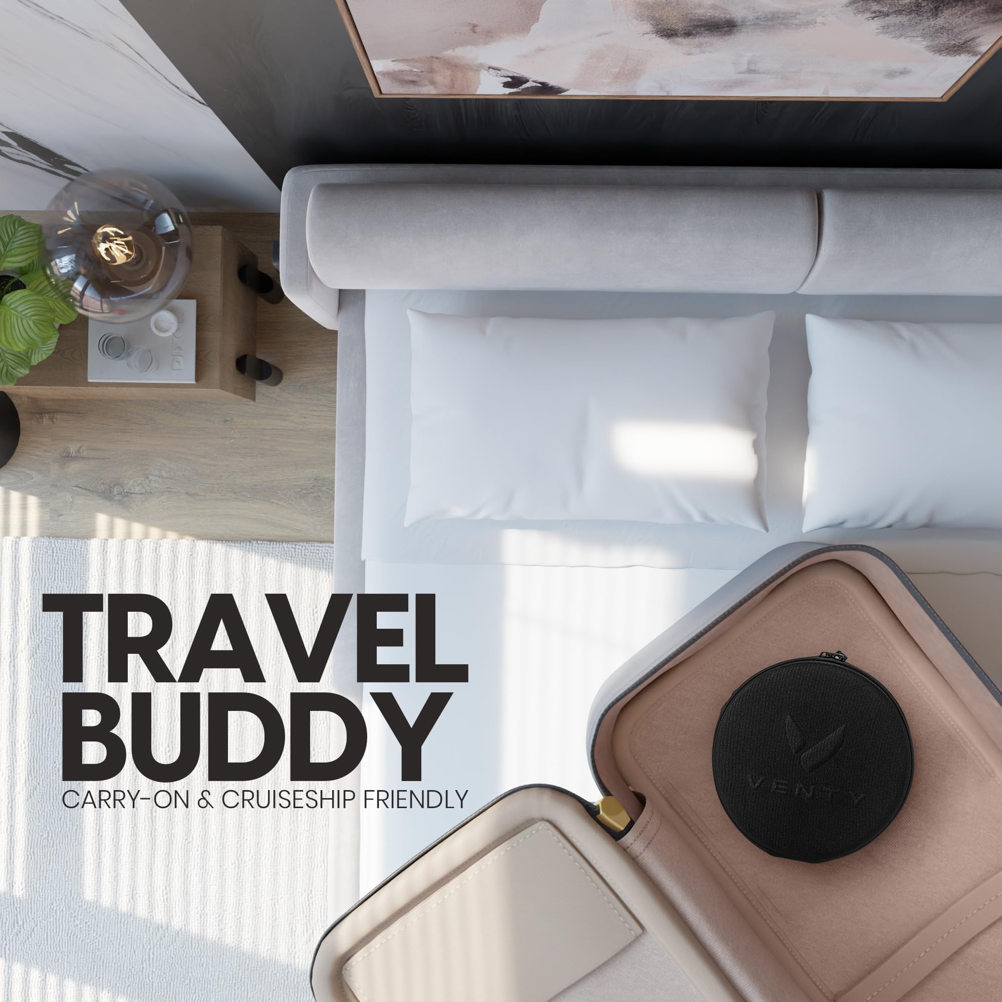 VENTY Portable Fan - Wireless Battery Operated Fan - 4 Speeds - LED Lighting - Carry Case & Remote Control - Cruise Travel - Outdoor Travel RV Power Bank With USB-C Port (Black with Case)