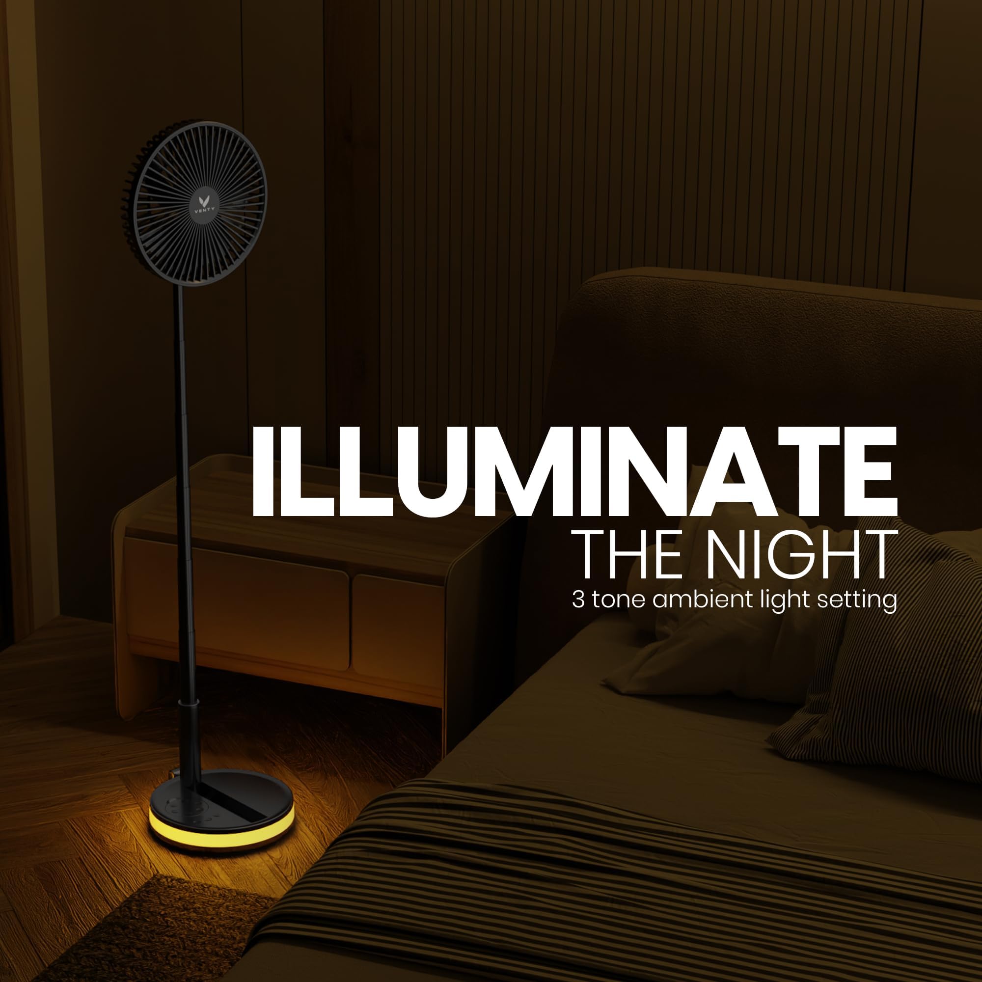 VENTY Portable Fan - Wireless Battery Operated Fan - 4 Speeds - LED Lighting - Carry Case & Remote Control - Cruise Travel - Outdoor Travel RV Power Bank With USB-C Port (Black with Case)