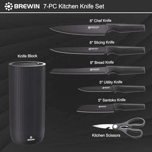 Knife Set, Brewin Kitchen Knife Set, Knives Set for Kitchen, Universal Knife Block, Utility Knife Block Set, Kitchen Essentials, New Home Essentials, Apartment Essentials, Dishwasher Safe