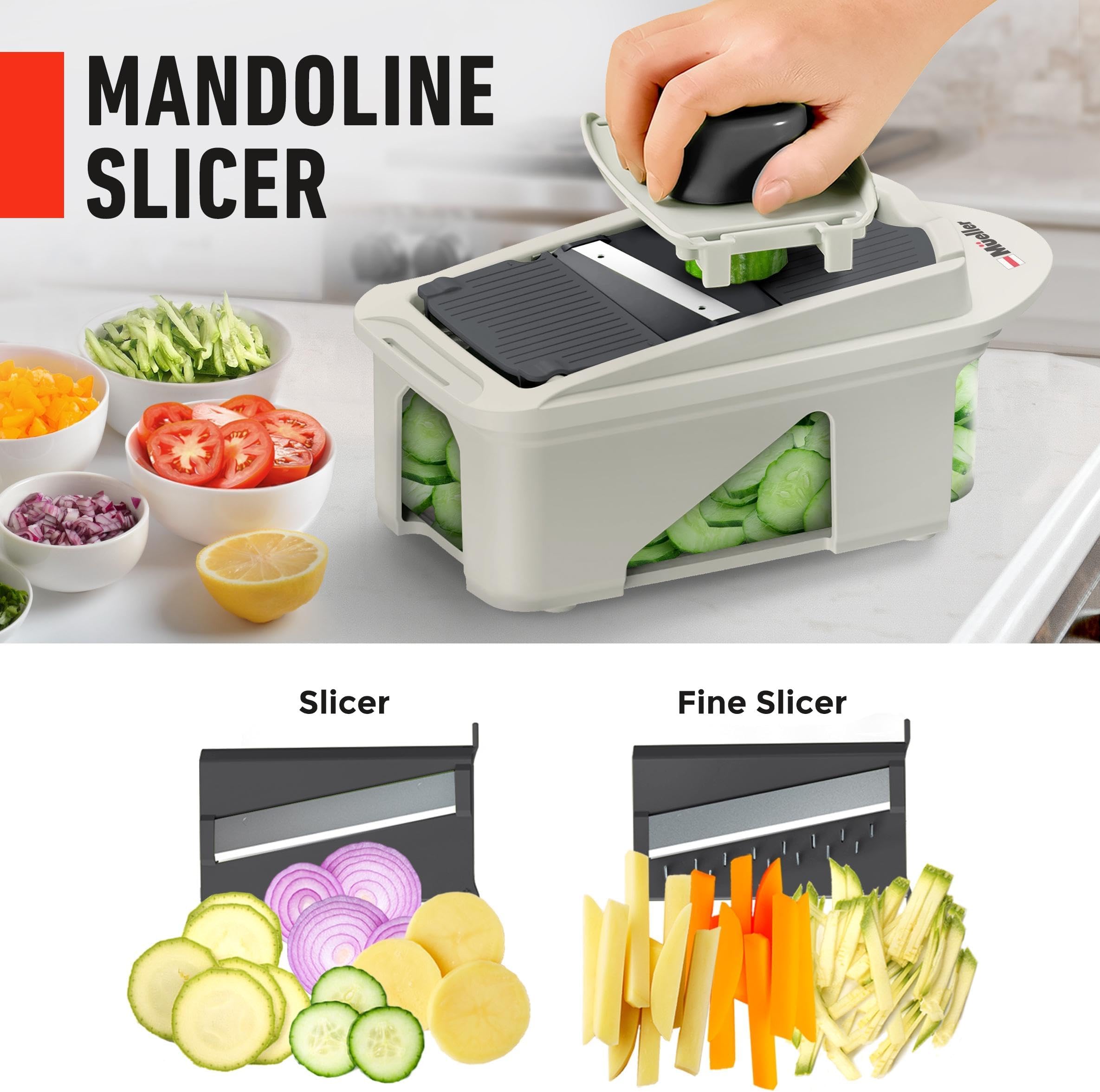 Mueller Pro-Series All-in-One, 12 Blade Mandoline Slicer for Kitchen, Food Chopper, Vegetable Slicer and Spiralizer, Cutter, Dicer, Grater, Kitchen Gadgets Sets with Container, White Sand/Gray