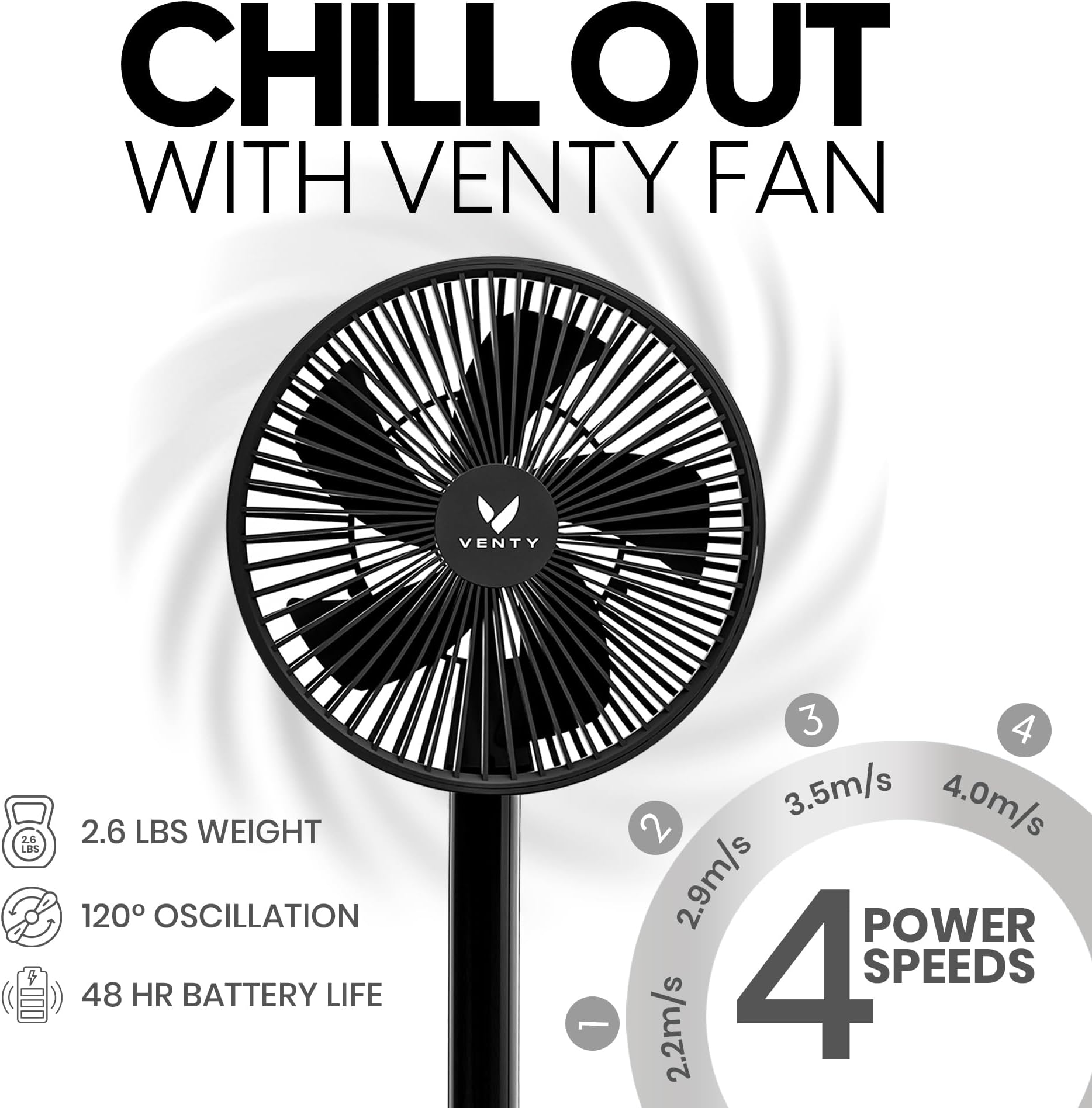 VENTY Portable Fan - Wireless Battery Operated Fan - 4 Speeds - LED Lighting - Carry Case & Remote Control - Cruise Travel - Outdoor Travel RV Power Bank With USB-C Port (Black with Case)