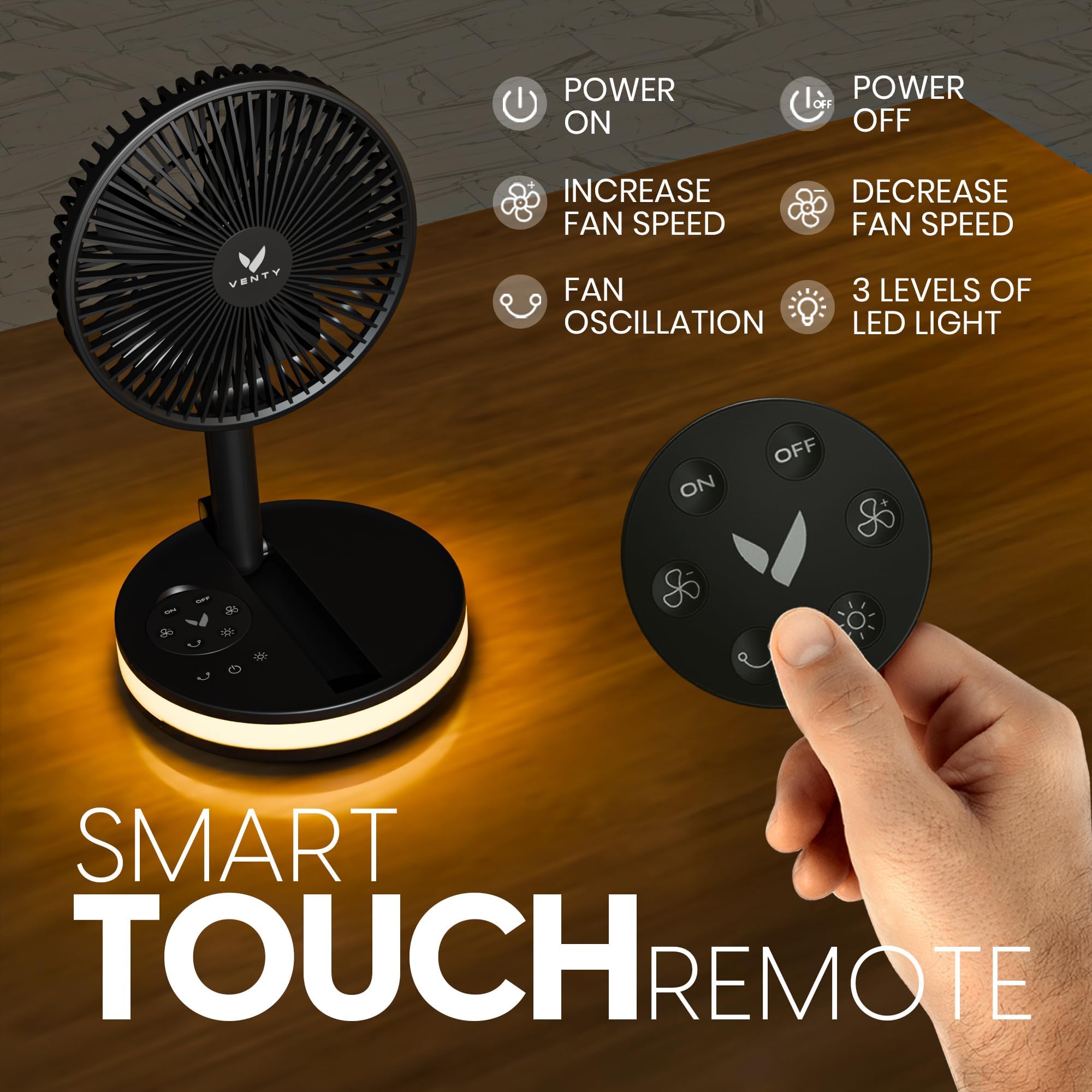 VENTY Portable Fan - Wireless Battery Operated Fan - 4 Speeds - LED Lighting - Carry Case & Remote Control - Cruise Travel - Outdoor Travel RV Power Bank With USB-C Port (Black with Case)