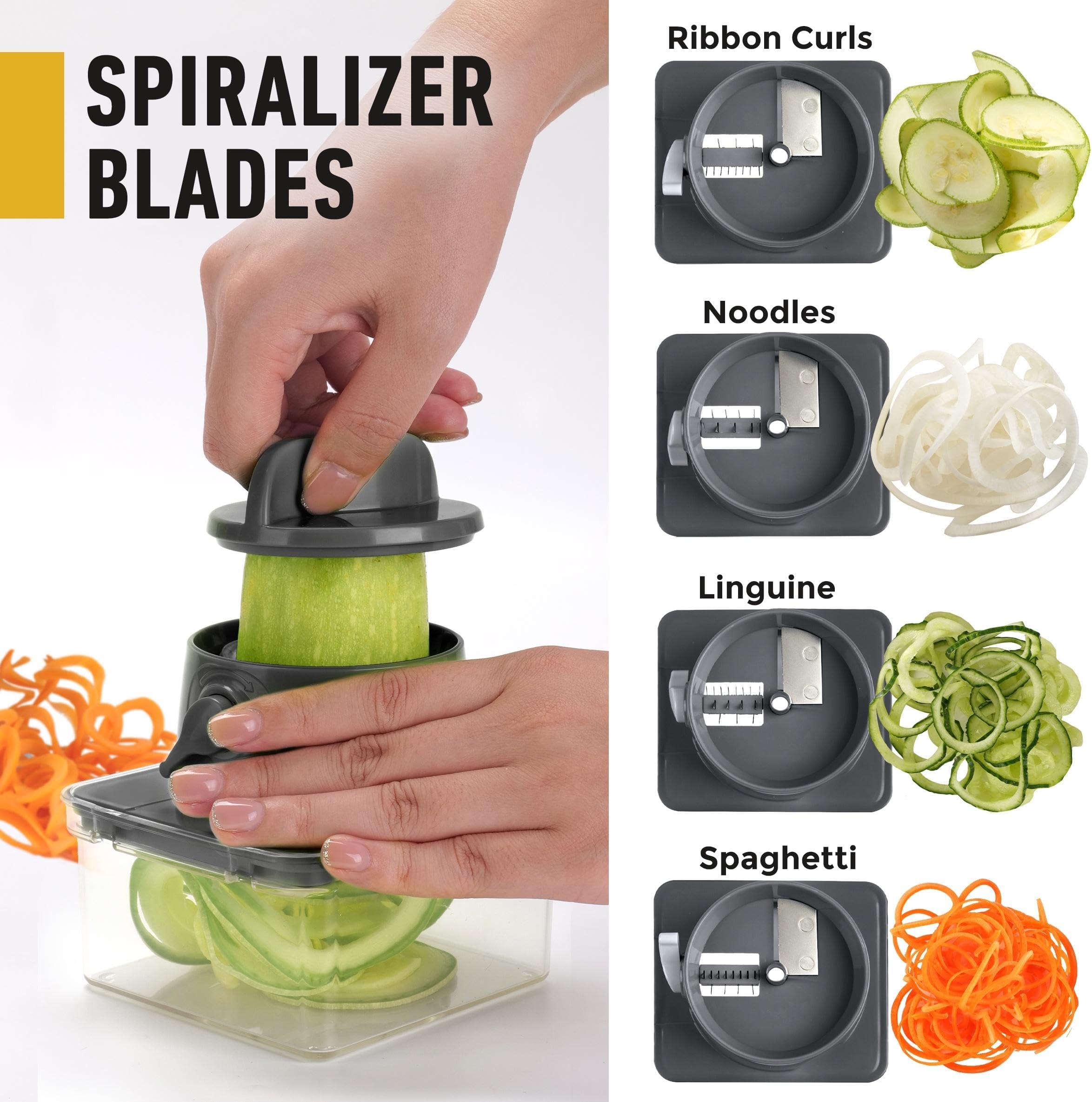 Mueller Pro-Series All-in-One, 12 Blade Mandoline Slicer for Kitchen, Food Chopper, Vegetable Slicer and Spiralizer, Cutter, Dicer, Grater, Kitchen Gadgets Sets with Container, White Sand/Gray