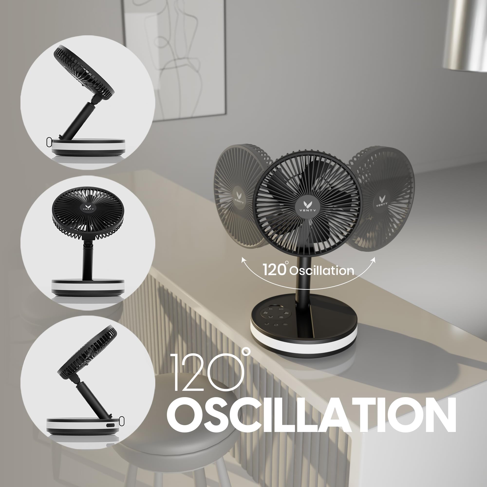 VENTY Portable Fan - Wireless Battery Operated Fan - 4 Speeds - LED Lighting - Carry Case & Remote Control - Cruise Travel - Outdoor Travel RV Power Bank With USB-C Port (Black with Case)