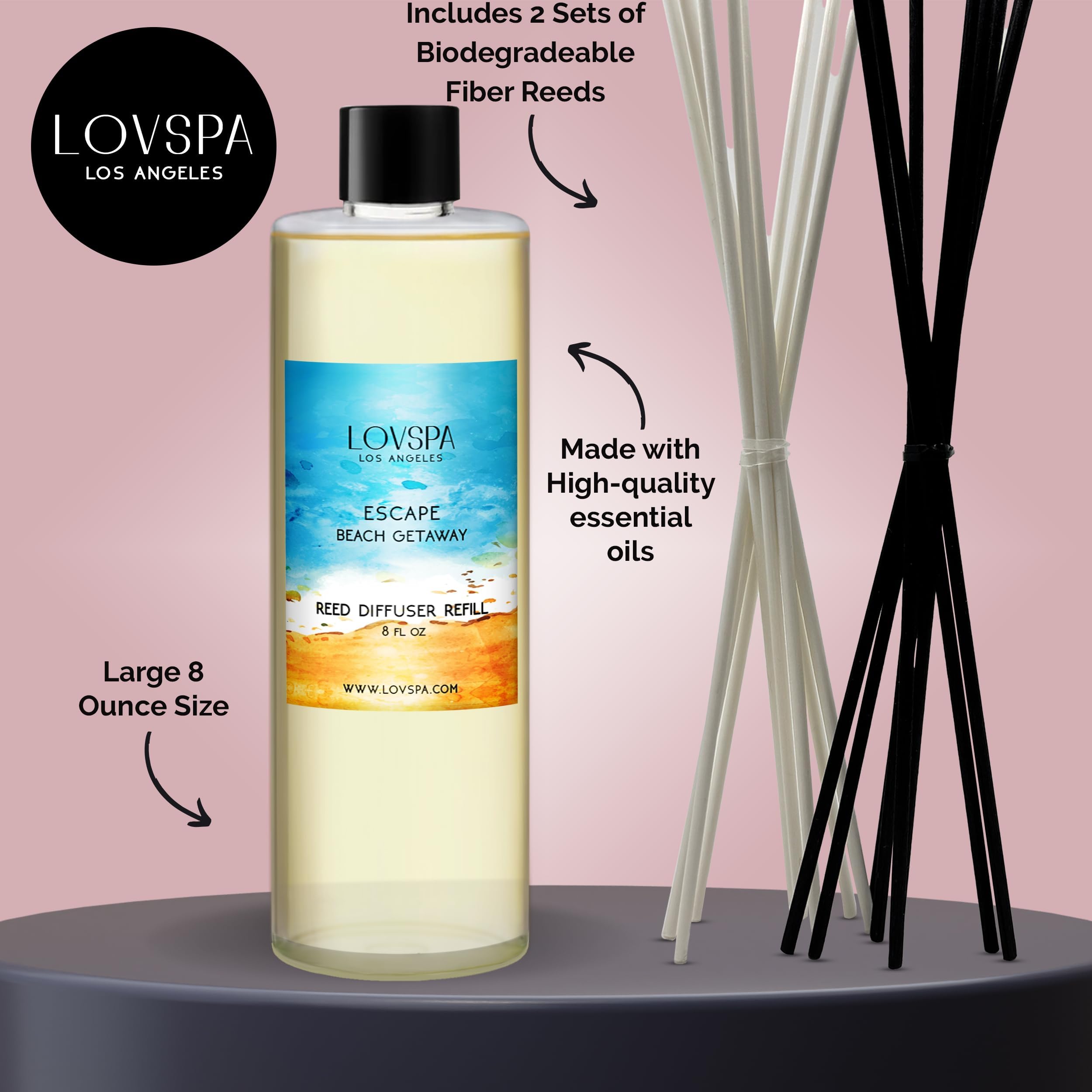 LOVSPA Reed Diffuser Oil Refill/Escape Beach Getaway, Large 8oz + 2 Sets of Replacement Sticks, Aroma Therapy Essential Oils, Home Fragrance, Scented Oils for Reed Diffusers, Made in The USA
