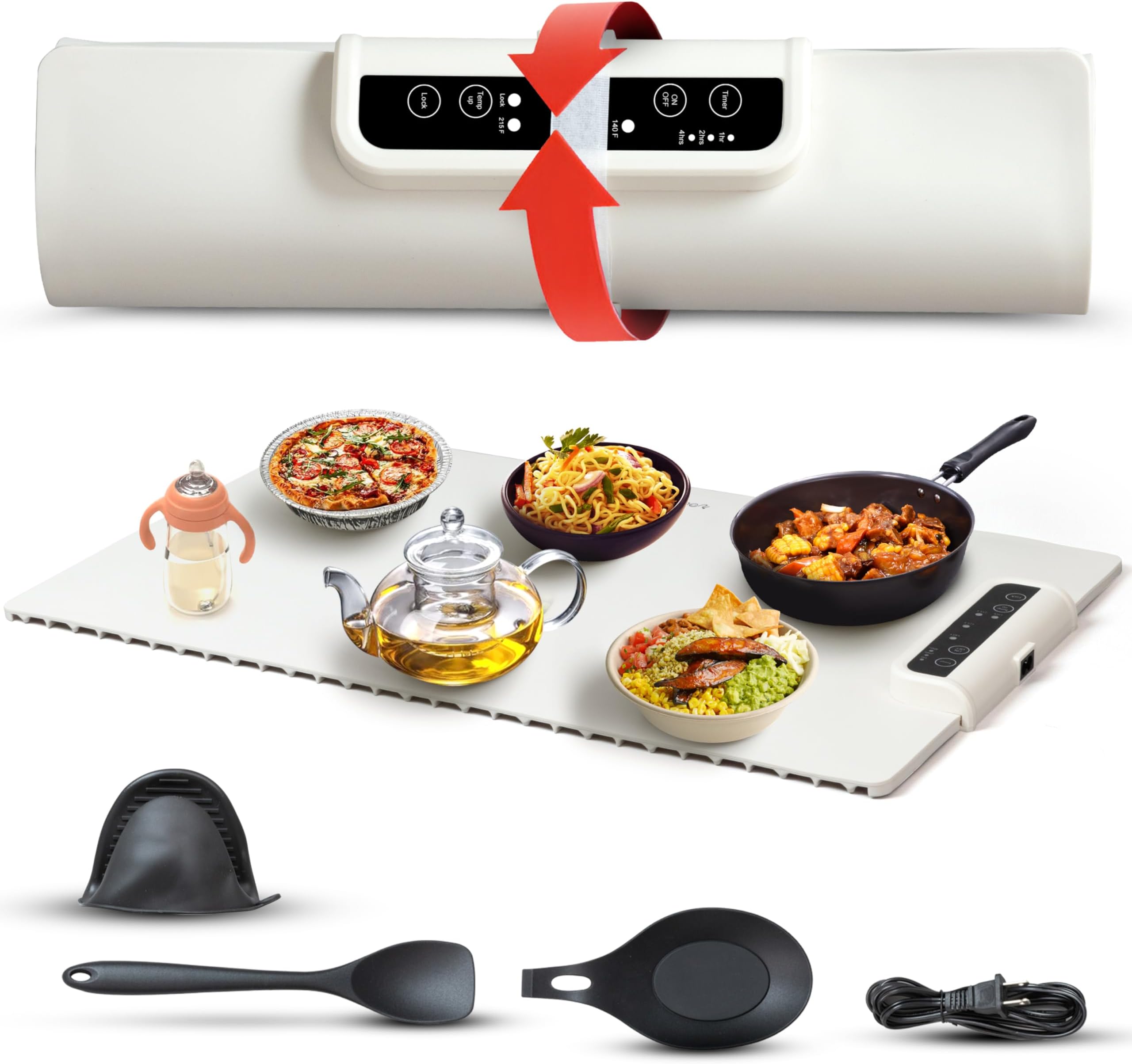 Electric Food Warming Mat - Portable Silicone Tray w/Fast Heating, Best Kitchen Gadget to Keep Food Warm for Parties, Buffets, Serving, & Thawing - Silicone Accessories Included