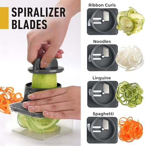 Mueller Pro-Series All-in-One, 12 Blade Mandoline Slicer for Kitchen, Food Chopper, Vegetable Slicer and Spiralizer, Cutter, Dicer, Grater, Kitchen Gadgets Sets with Container, White Sand/Gray
