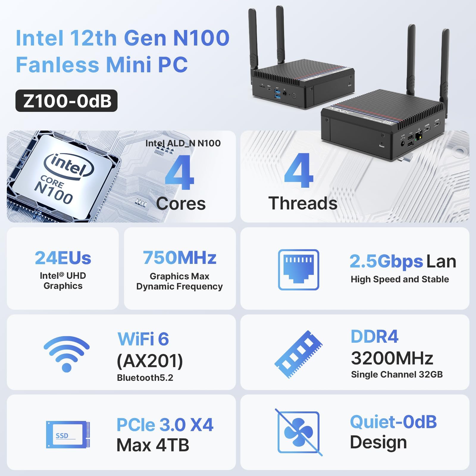 MINIX Z100-0dB Fanless Mini PC, Intel 12th Gen N100, 16GB DDR4/512GB PCIe 3.0 X4 SSD/4K Dual Display/2.5G LAN/Windows 11 Pro/Auto Power On/for Home/Office/Industrial and Commercial., Black