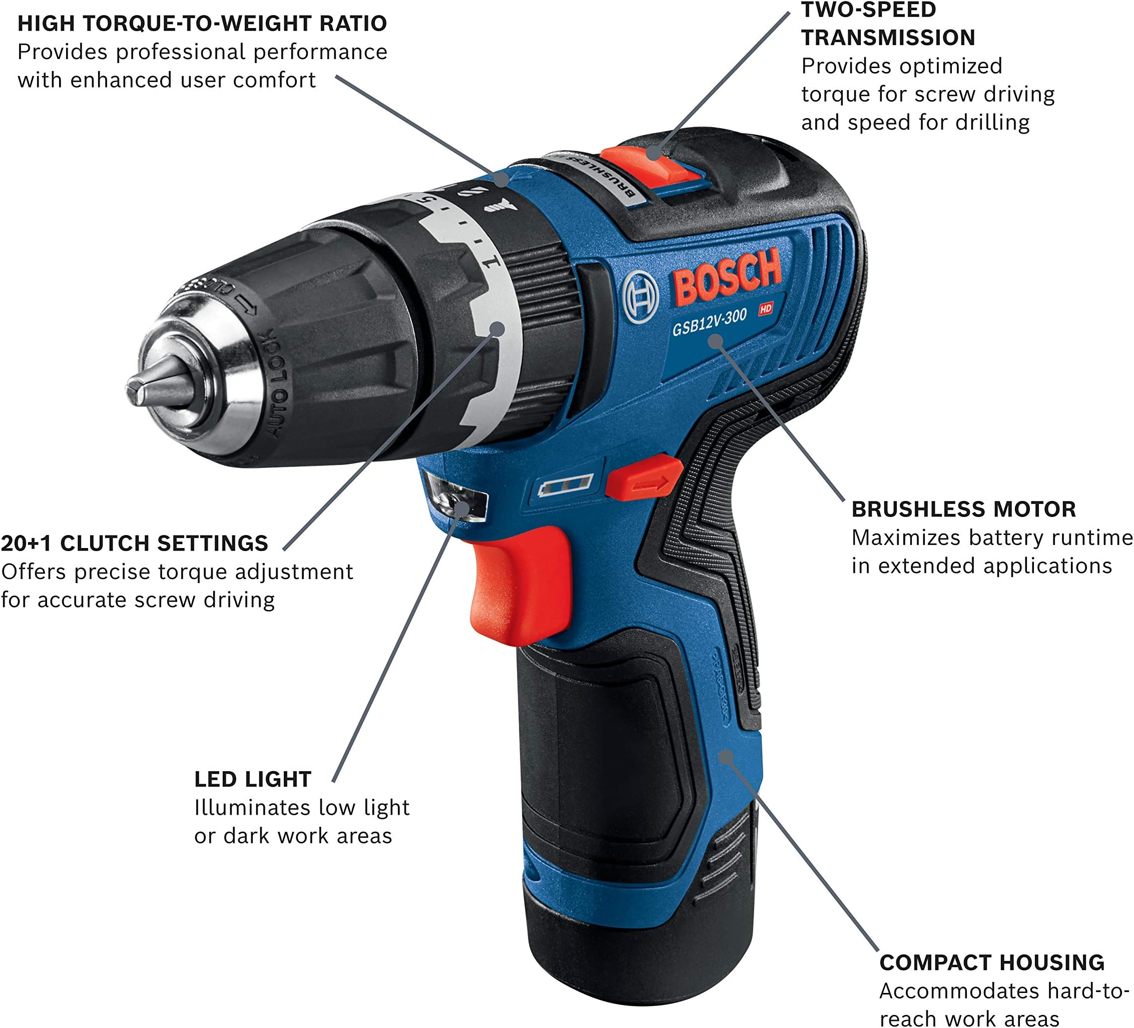 Bosch GSB12V-300B22 12V Max Brushless 3/8 In. Hammer Drill/Driver Kit with (2) 2.0 Ah Batteries