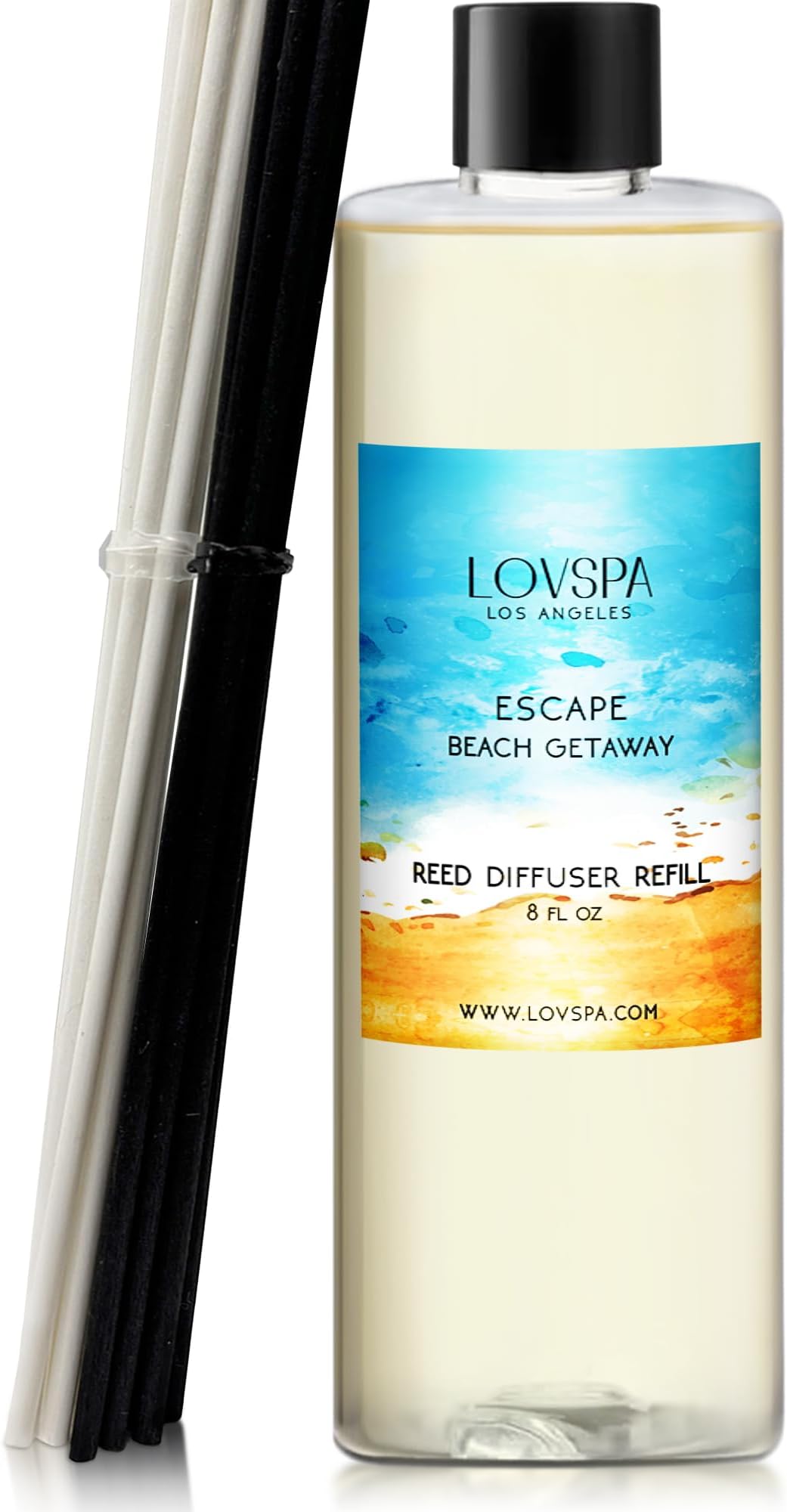 LOVSPA Reed Diffuser Oil Refill/Escape Beach Getaway, Large 8oz + 2 Sets of Replacement Sticks, Aroma Therapy Essential Oils, Home Fragrance, Scented Oils for Reed Diffusers, Made in The USA
