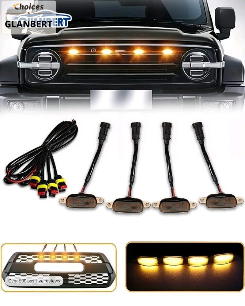 Car Grille LED Lights Kit - 4 Amber Lights with Wiring Harness