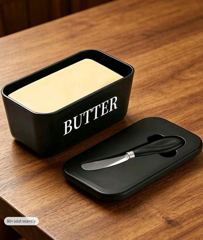 Ceramic Black Butter Box with Lid and Spreader Knife