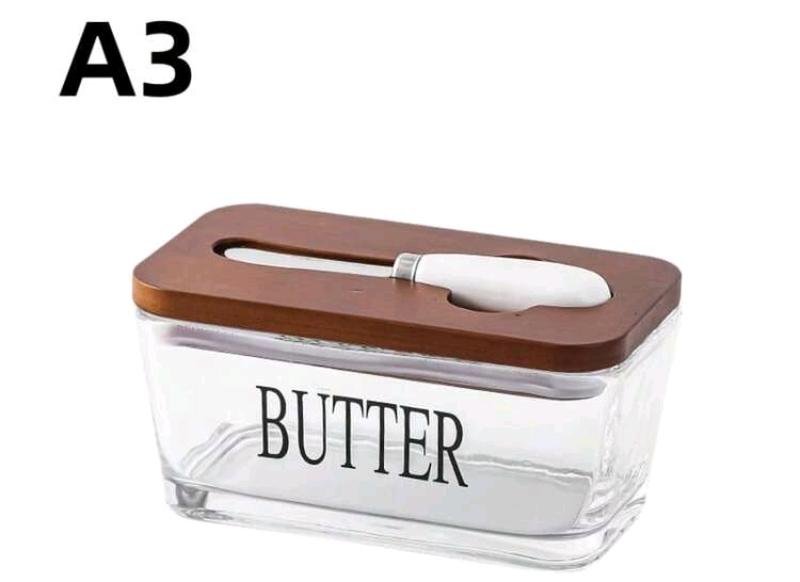 Glass Butter Dish with Wooden Lid and Knife