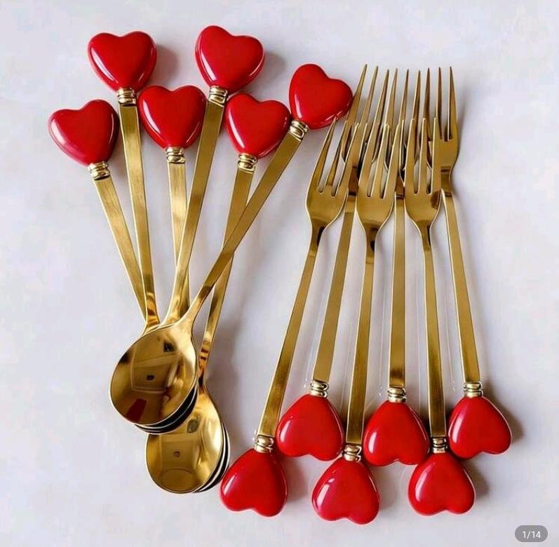 Heart-Shape Spoon and Fork Set - 12pc Gold Stainless Steel