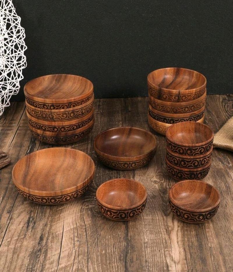 Wooden Carved Bowl Set - 7-Piece Acacia Snack Bowls